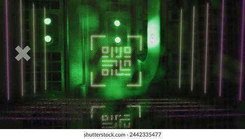 Image of data processing and statistics recording over green lights of computer servers. data processing, cloud computing concept and technology concept digitally generated image.