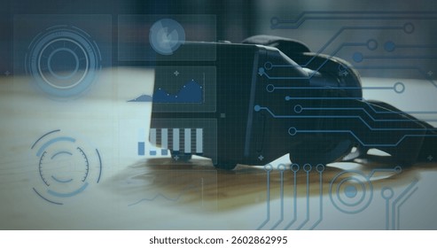 Image of data processing with statistics recording, scope scanning over vr headset. digital interface, connection and communication concept digitally generated image.