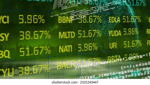 Image of data processing and stock market over cityscape. global business, finances, connections and digital interface concept digitally generated image.