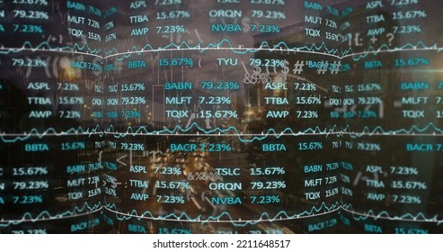 Image of data processing and stock market over cityscape. Global business, finances and digital interface concept digitally generated image.