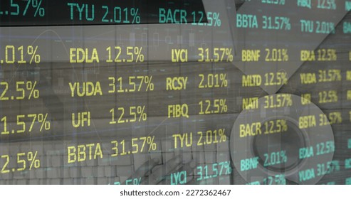 Image of data processing and stock market over hand using computer and cup of coffee. Global business and digital interface concept digitally generated image.