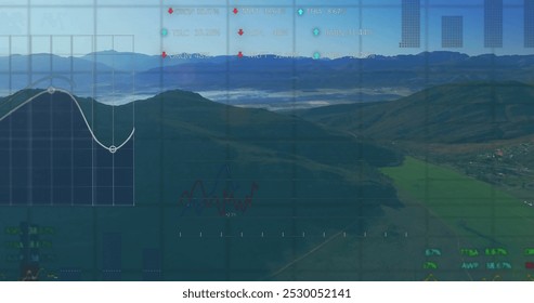 Image of data processing, stock market and diagrams over landscape. Global business, nature and digital interface concept, digitally generated image.