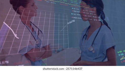 Image of data processing, stock market and diagrams over diverse female doctors talking. Global medicine, technology and digital interface concept digitally generated image. - Powered by Shutterstock - Get 15% off with code: PIKWIZARD15