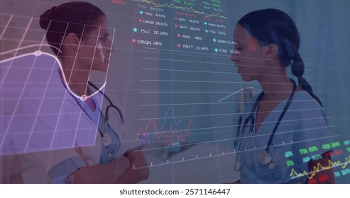 Image of data processing, stock market and diagrams over diverse female doctors talking. Global medicine, technology and digital interface concept digitally generated image. - Powered by Shutterstock - Get 15% off with code: PIKWIZARD15