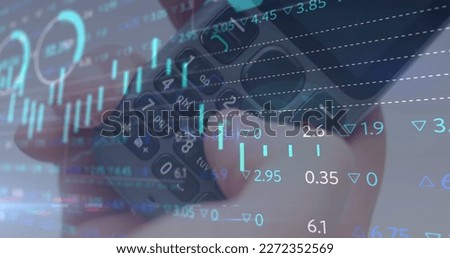 Image of data processing and stock market over hand using phone. Global business and digital interface concept digitally generated image.