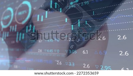 Image of data processing and stock market over hand using phone. Global business and digital interface concept digitally generated image.