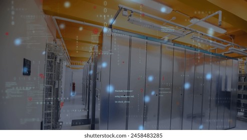 Image of data processing, symbols and blue glowing spots against computer server room. Computer interface and business data storage technology concept
