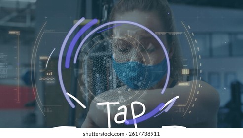 Image of data processing and tap text over caucasian woman wearing face mask. global science, data processing and digital interface concept digitally generated image.