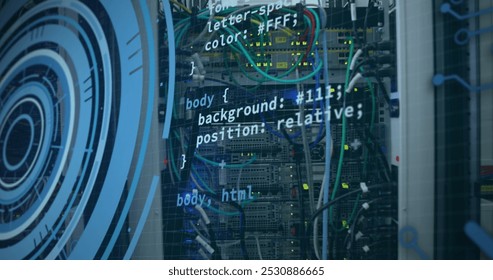 Image of data processing and text over server room. Computer interface and technology concept.