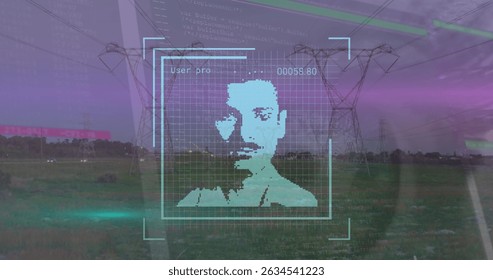 Image of data processing and user photos over electricity poles. Energy, electricity, data processing, security and technology concept digitally generated image.