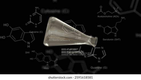 Image of data processing and vial over chemical formula on black background. Technology and digital interface concept digitally generated image. - Powered by Shutterstock - Get 15% off with code: PIKWIZARD15