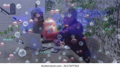Image of data processing and virus cells over senior biracial couple using laptop. global business, finances, connections and digital interface concept digitally generated image. - Powered by Shutterstock - Get 15% off with code: PIKWIZARD15