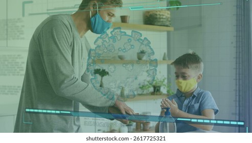 Image of data processing and virus cells over caucasian father with son disinfecting hands. family time and digital interface concept digitally generated image. - Powered by Shutterstock - Get 15% off with code: PIKWIZARD15