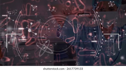 Image of data processing and virus cells over biracial female doctor. global science, data processing and digital interface concept digitally generated image.