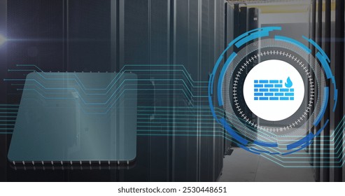 Image of data processing with wall icon over server room. Global technology and digital interface concept digitally generated image