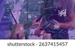 Image of data processing with world map over diverse people paying with smartphone. Global finances, retail and digital interface concept digitally generated image.