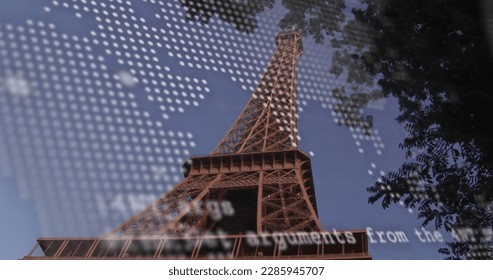 Image of data processing and world map over eiffel tower. Global business and digital interface concept digitally generated image. - Powered by Shutterstock - Get 15% off with code: PIKWIZARD15