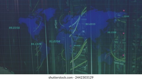 Image of data processing and world map with cables of computer servers. data processing, cloud computing concept and technology concept digitally generated image.