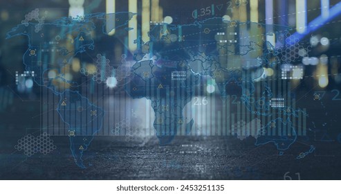 Image of data processing and world map over cars on street. Global business, finances and digital interface concept digitally generated image.
