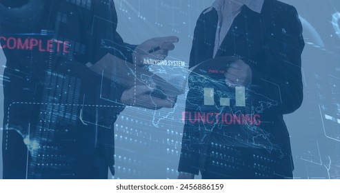 Image of data processing, world map and analysis complete over caucasian businesspeople. global business, data processing and technology concept digitally generated image.