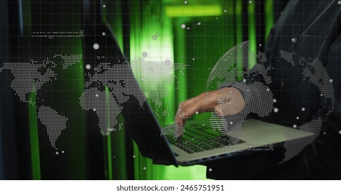 Image of data processing, world map over male it technician using laptop by computer server. Global computing and data processing concept digitally generated image.