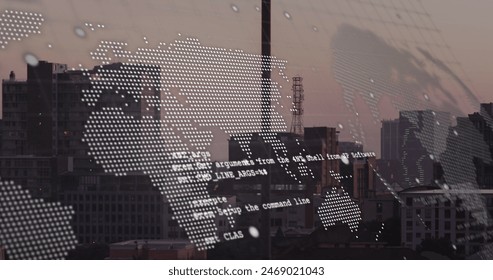 Image of data processing, world map and spinning globe against aerial view of cityscape. Global networking and business technology concept
