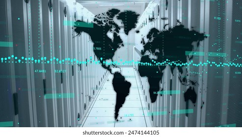 Image of data processing and world map over computer servers. Global digital interface, business, computing and data processing concept digitally generated image.