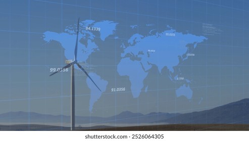 Image of data processing and world map over windmill. Global connections, data processing and digital interface concept digitally generated image.