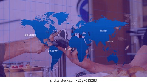 Image of data processing and world map over diverse people paying with smartphone. global finances, computing and digital interface concept digitally generated image.
