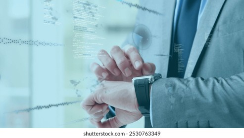 Image of data processing and world map over businessman checking smartwatch. digital interface, global technology, connection and communication concept digitally generated image. - Powered by Shutterstock