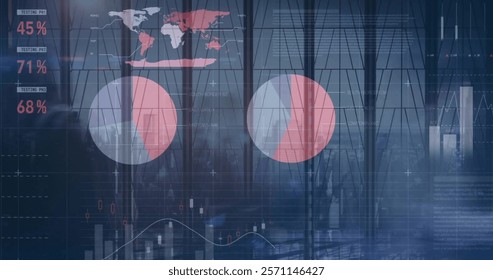 Image of data processing, world map and diagrams. global business, technology and digital interface concept digitally generated image.