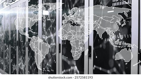 Image of data processing and world map over computer servers. Global connections, computing and data processing concept digitally generated image.