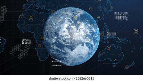 Image of data processing and world map over globe. Global business and digital interface concept digitally generated image.