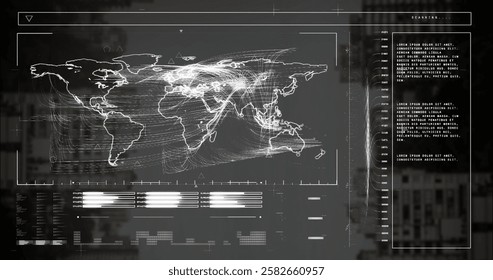 Image of data processing and world map over cityscape background. Global finance, business, connections, computing and data processing concept digitally generated image.