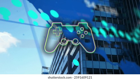 Image of data processing and world map over gamepad and cityscape. Global technology and digital interface concept digitally generated image.