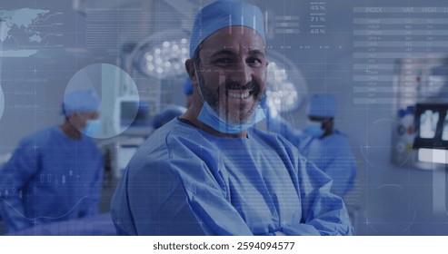 Image of data processing and world map over diverse surgeons in operating room. Global medicine and digital interface concept digitally generated image.