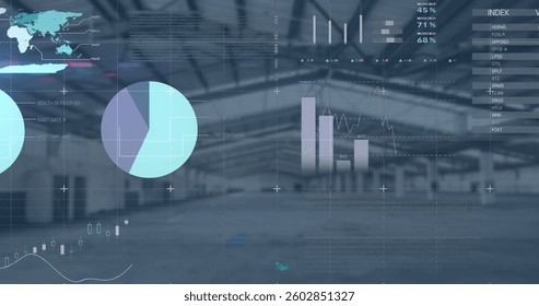 Image of data processing and world map over empty warehouse. digital interface global connection and communication concept digitally generated image.