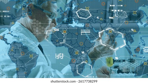 Image of data processing and world map over caucasian male scientist in lab. global science and digital interface concept digitally generated image. - Powered by Shutterstock - Get 15% off with code: PIKWIZARD15