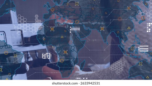 Image of data processing and world map over mid section of male barista preparing coffee at cafe. Global networking and business technology concept