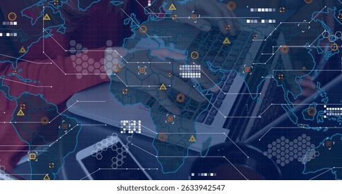 Image of data processing and world map over mid section of a woman using laptop at a cafe. Global networking and business technology concept