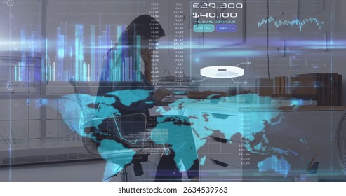 Image of data processing and world map over caucasian businesswoman at office. Global business, computing and digital interface concept digitally generated image.