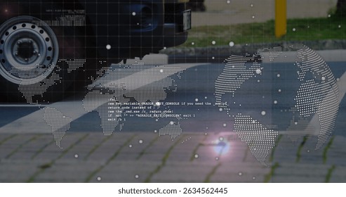Image of data processing, world map and spinning globe against city traffic. Global networking and business technology concept - Powered by Shutterstock - Get 15% off with code: PIKWIZARD15