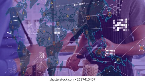 Image of data processing with world map over diverse people paying with smartphone. Global finances, retail and digital interface concept digitally generated image.