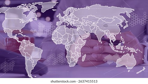 Image of data processing with world map over diverse people paying with smartphone. Global finances, retail and digital interface concept digitally generated image.