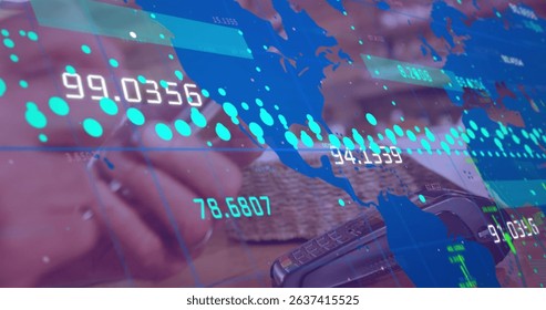 Image of data processing with world map over diverse people paying with smartphone. Global finances, retail and digital interface concept digitally generated image.