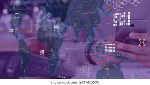 Image of data processing with world map over diverse people paying with smartphone. Global finances, retail and digital interface concept digitally generated image.