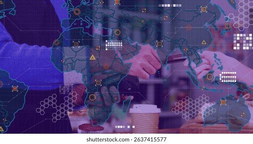 Image of data processing with world map over diverse people paying with credit card. Global finances, retail and digital interface concept digitally generated image.