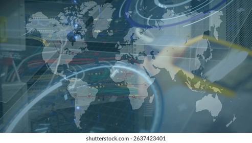 Image of data processing and world map over caucasian man in server room. Global business, computing and digital interface concept digitally generated image.