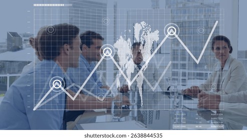 Image of data processing and world map over caucasian business people in office. Global business and digital interface concept digitally generated image.