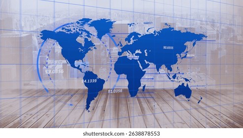 Image of data processing and world map over cityscape. Global business and digital interface concept digitally generated image. - Powered by Shutterstock - Get 15% off with code: PIKWIZARD15